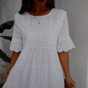 Chouyatou Women's Summer White Eyelet Midi Dress Size M